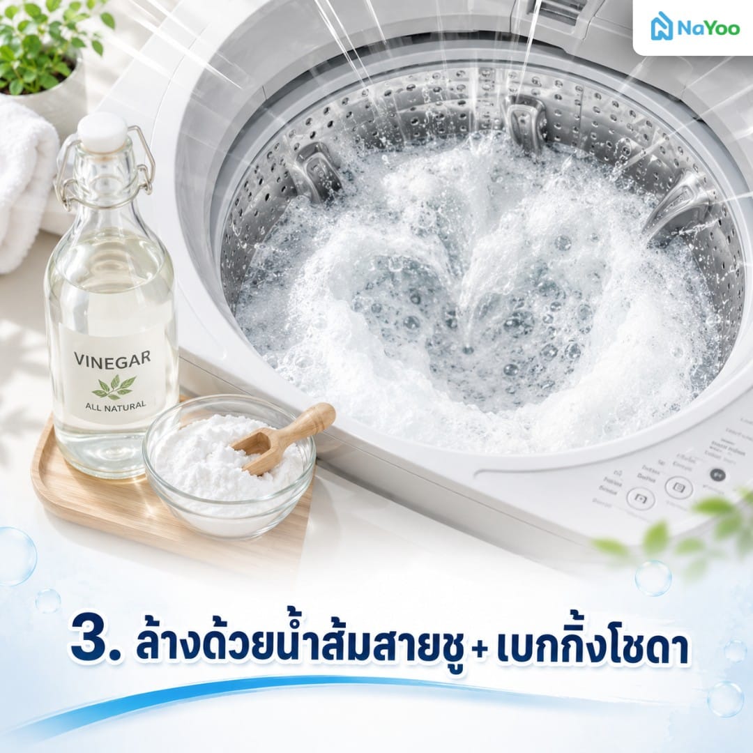 วิธีล้างเครื่องซักผ้าด้วยน้ำส้มสายชูผสมเบกกิ้งโซดา