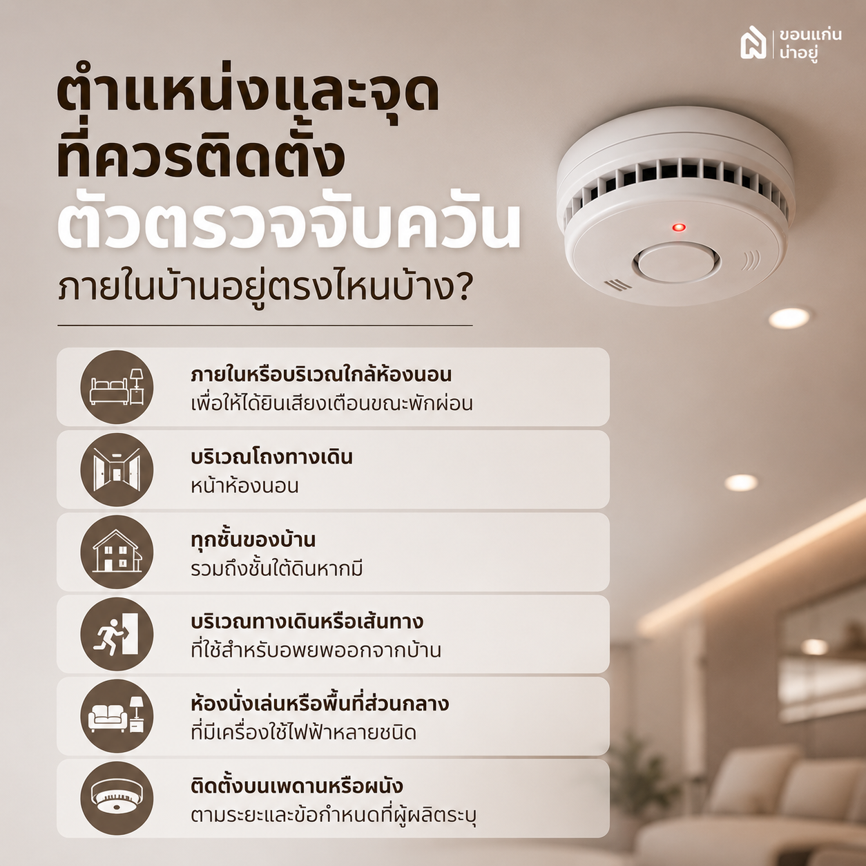 ตำแหน่งและจุดที่ควรติดตั้งตัวตรวจจับควันภายในบ้านอยู่ตรงไหนบ้าง