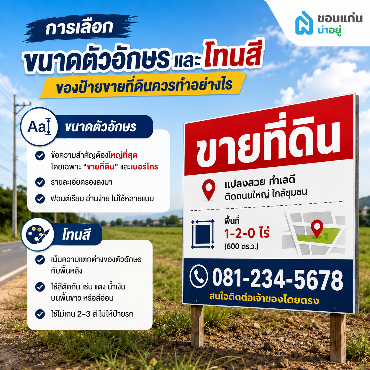 การเลือกขนาดตัวอักษรและโทนสีของป้ายขายที่ดินควรทำอย่างไร