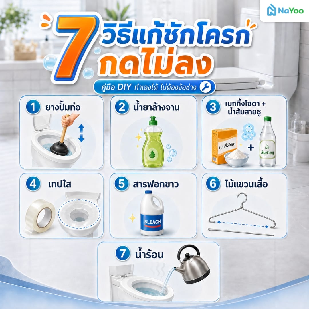 วิธีแก้ชักโครกกดไม่ลงด้วยของใช้ในบ้าน 7 อย่าง