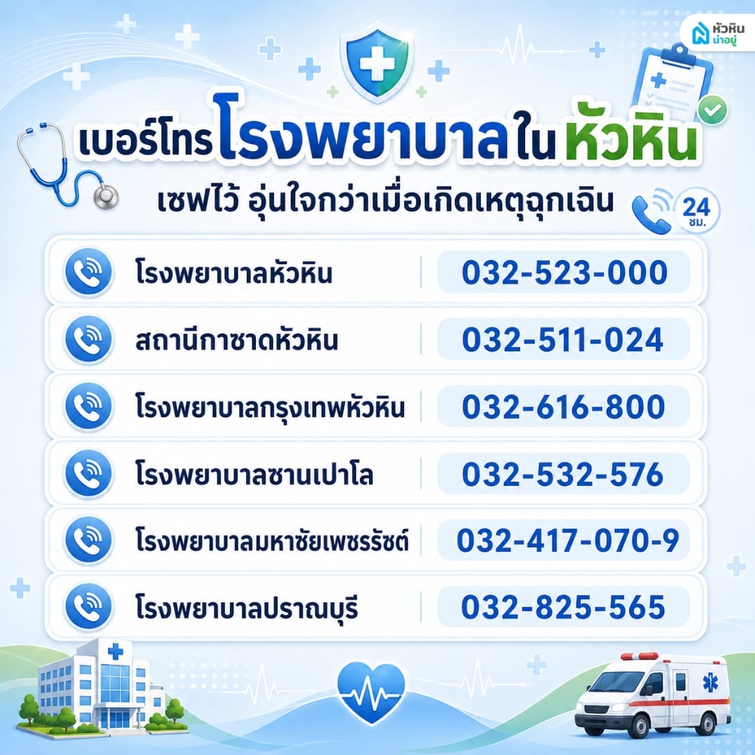 รวมเบอร์โทรศัพท์ฉุกเฉิน 24 ชั่วโมงของโรงพยาบาลในหัวหิน