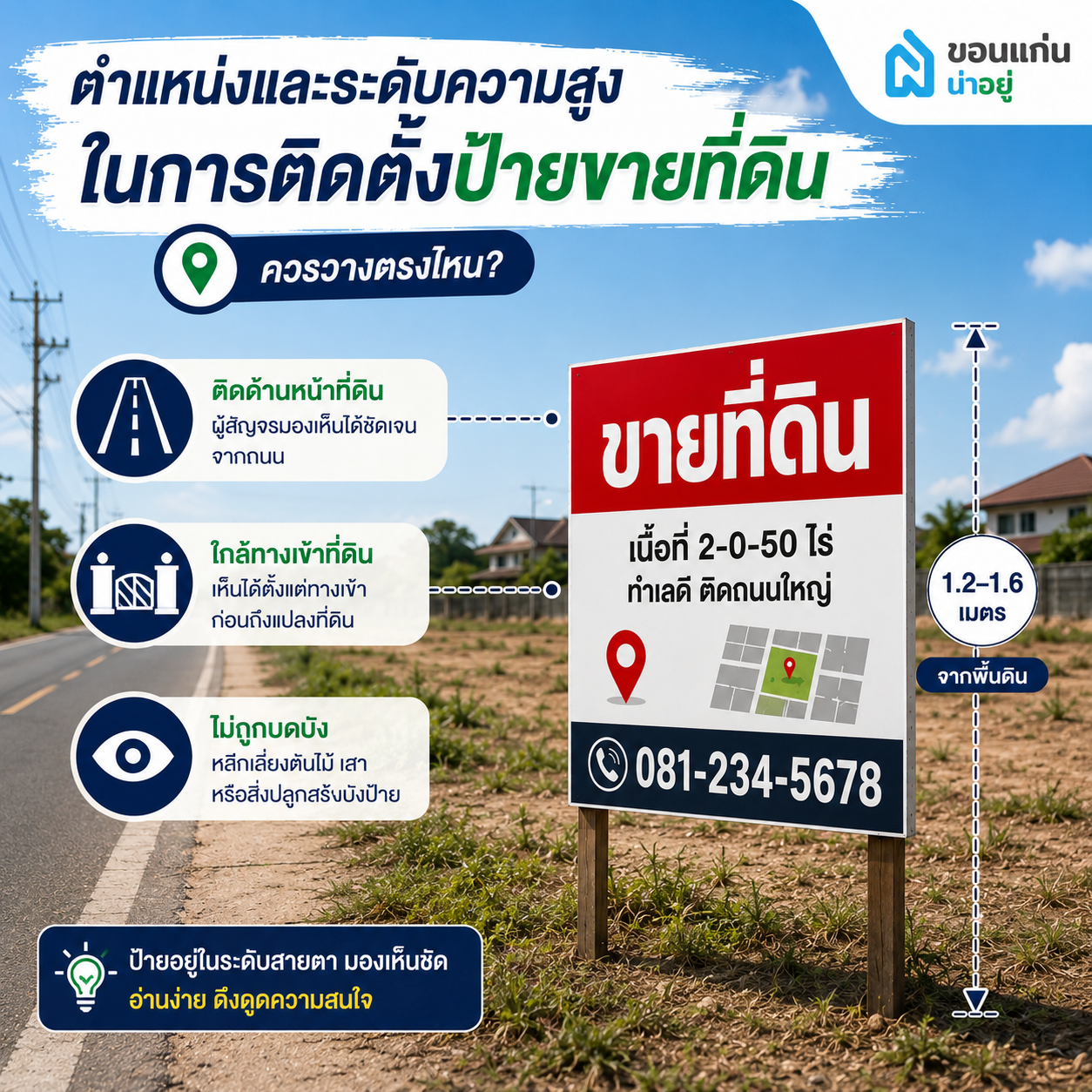 ตำแหน่งและระดับความสูงในการติดตั้งป้ายขายที่ดินควรวางตรงไหน