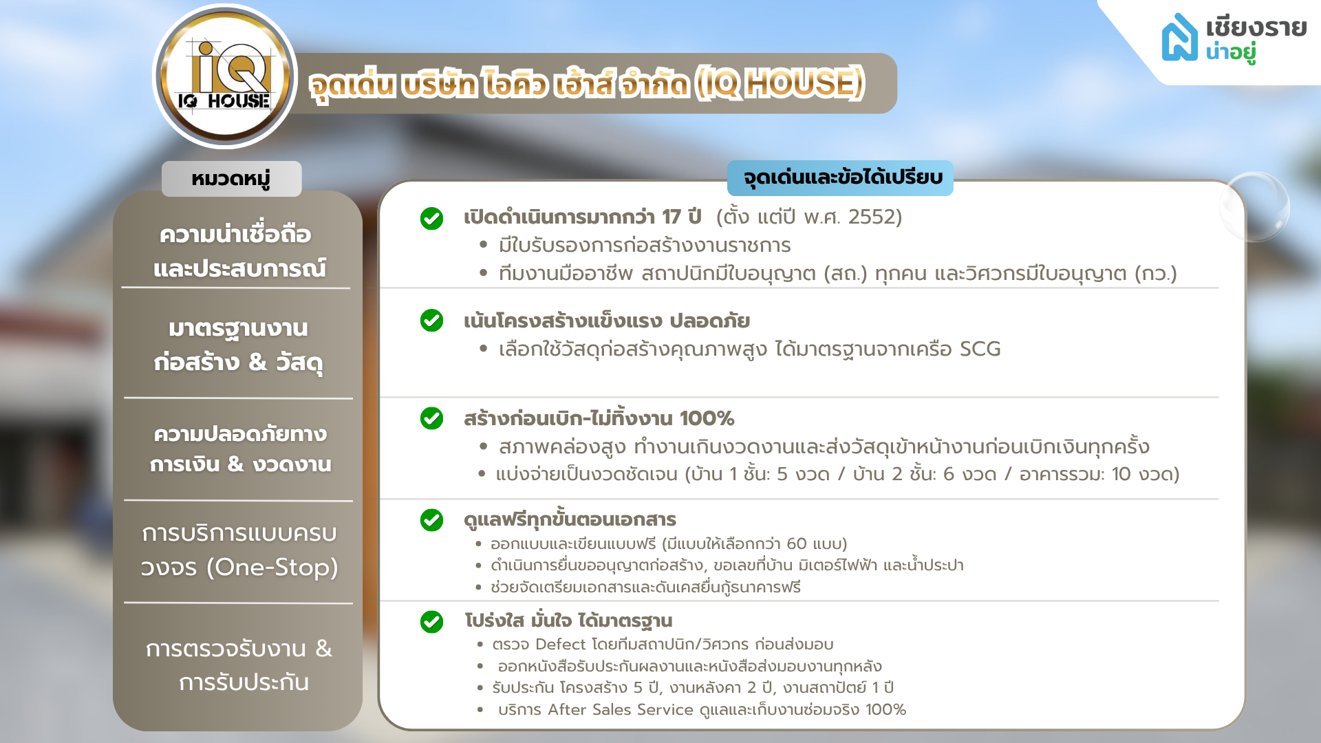 จุดเด่นของบริษัท ไอคิว เฮ้าส์ จํากัด บริษัทรับสร้างบ้านได้มาตรฐานเชียงราย