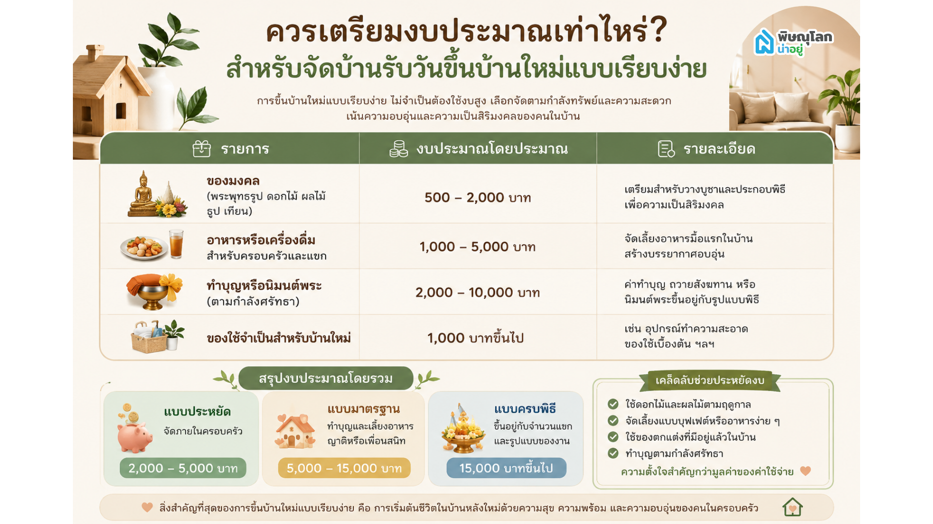 ควรเตรียมงบประมาณเท่าไหร่? สำหรับจัดบ้านรับวันขึ้นบ้านใหม่แบบเรียบง่าย