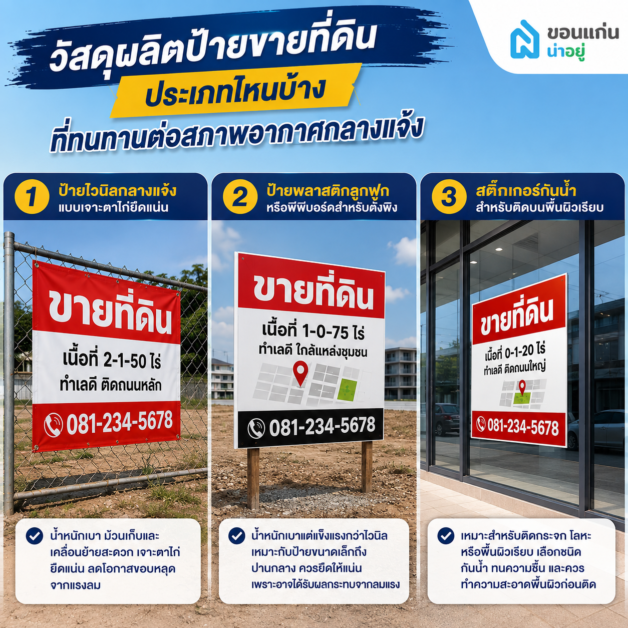 วัสดุผลิตป้ายขายที่ดินประเภทไหนบ้างที่ทนทานต่อสภาพอากาศกลางแจ้ง