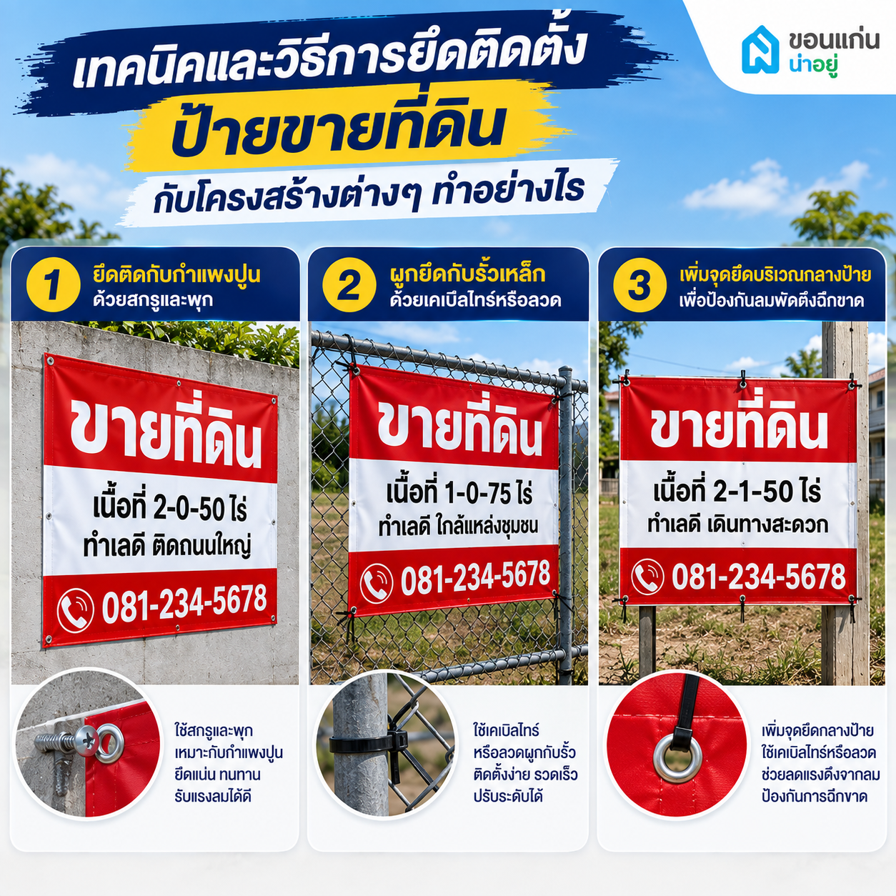 เทคนิคและวิธีการยึดติดตั้งป้ายขายที่ดินกับโครงสร้างต่างๆ ทำอย่างไร