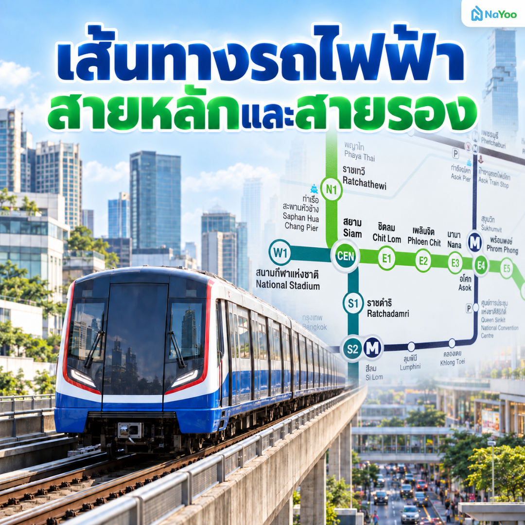 แผนผังเส้นทางรถไฟฟ้า BTS สถานีหลักและสายรอง