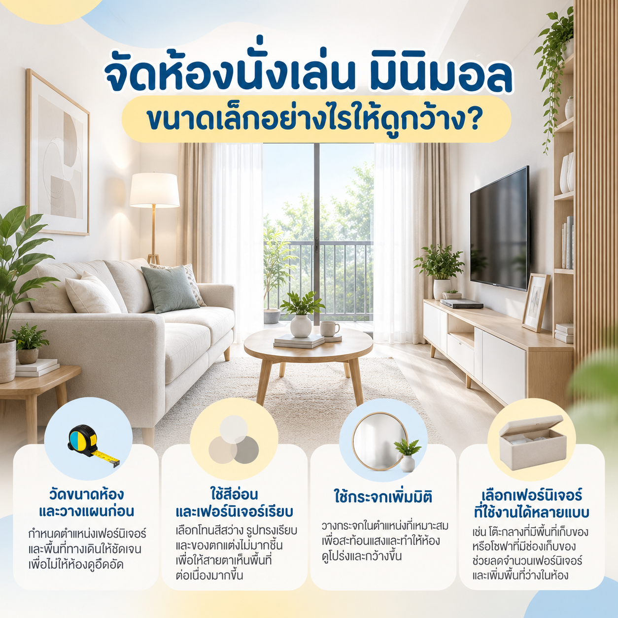 จัดห้องนั่งเล่น มินิมอล ขนาดเล็กอย่างไรให้ดูกว้าง