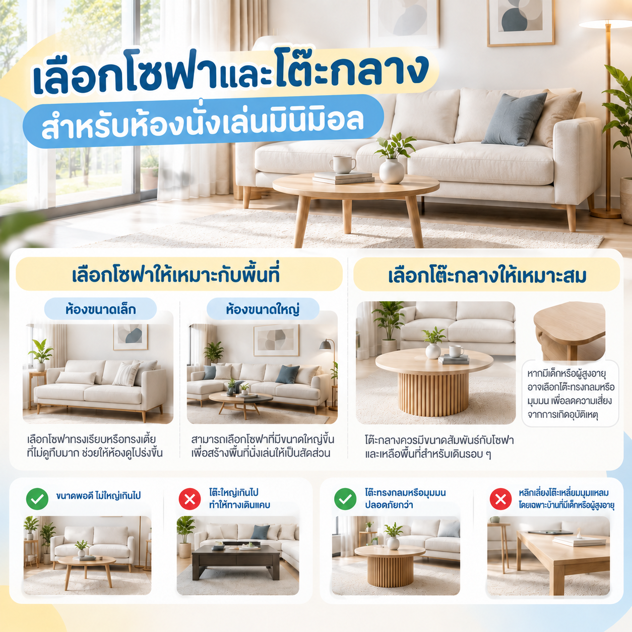 เลือกโซฟาและโต๊ะกลางสำหรับห้องนั่งเล่นมินิมอล